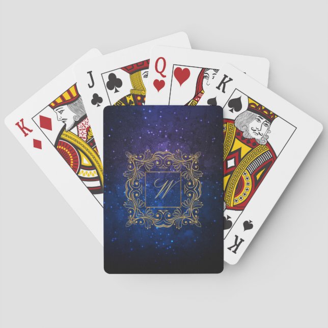 Ornamental Frame Monogram on Blue Galaxy Poker Cards (Back)