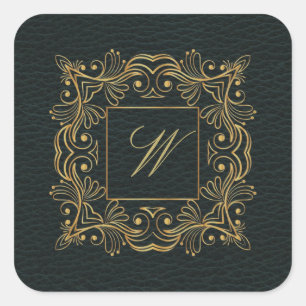 Ornamental Frame Monogram on Dark Leather Square Sticker