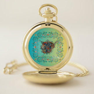Ornamental Garden, Turquoise Floral Border Pocket Watch