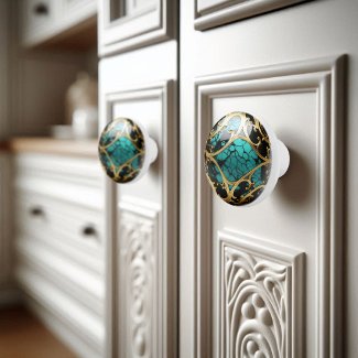 Ornamental Gold Filigree Teal Black Marble