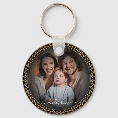 Ornamental Golden Custom Family Couple Photo Keychain