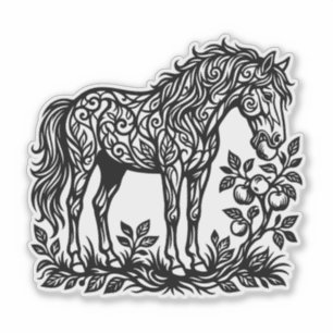 Ornamental Horse Eating Apples Floral Silhouette Sticker