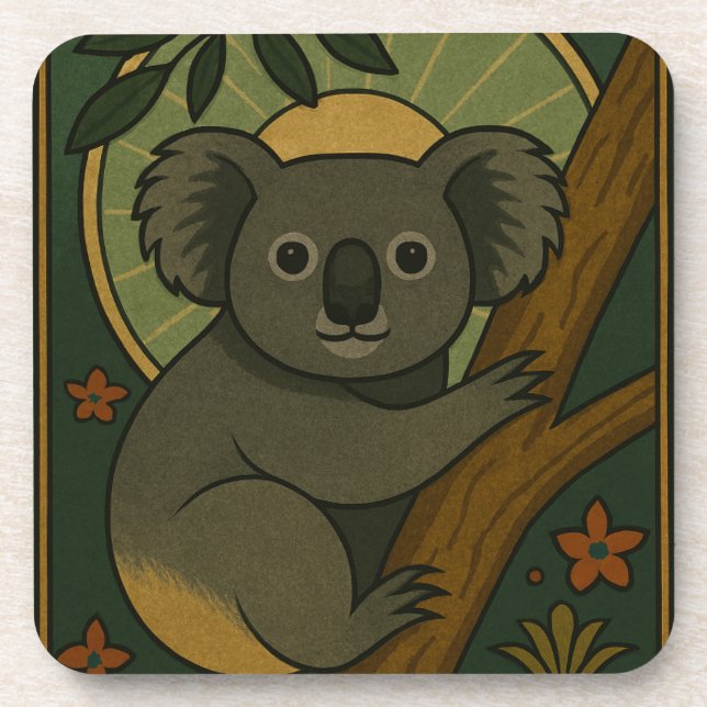 Ornamental Koala in Botanical Mandala Beverage Coaster (Front)