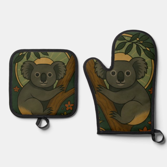 Ornamental Koala in Botanical Mandala Oven Mitt & Pot Holder Set (Front)