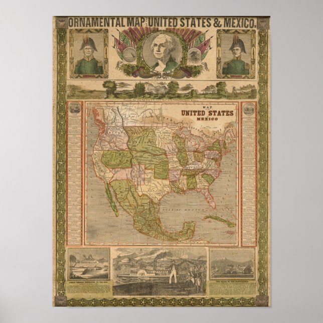 Ornamental Map of The United States and Mexico Poster (Front)