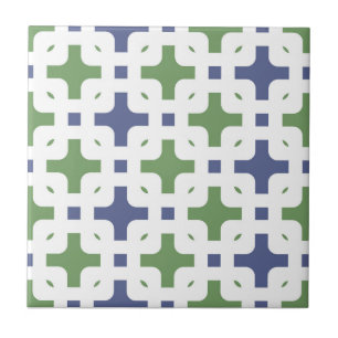 Ornamental, modern, white, olive green, navy blue ceramic tile