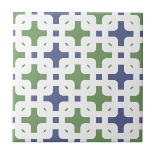Ornamental modern white olive green navy blue ceramic tile