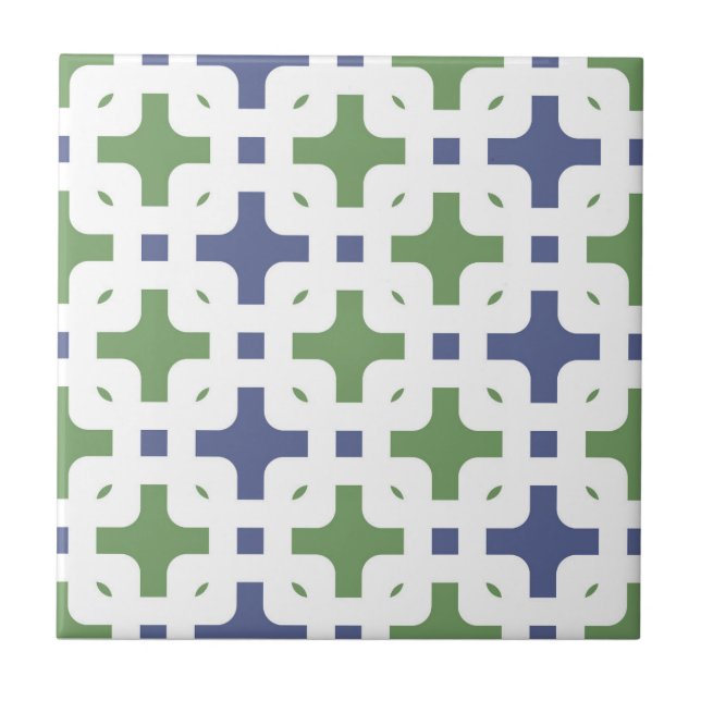 Ornamental, modern, white, olive green, navy blue ceramic tile (Front)