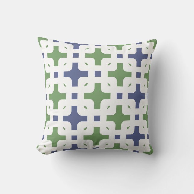 Ornamental, modern, white, olive green, navy blue throw pillow (Front)
