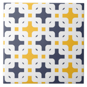 Ornamental, navy blue, white, mustard yellow ceramic tile