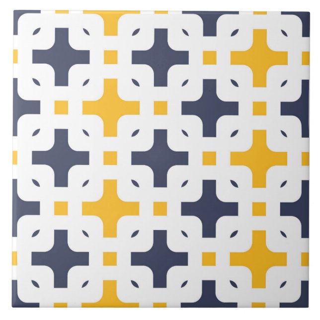 Ornamental, navy blue, white, mustard yellow ceramic tile (Front)