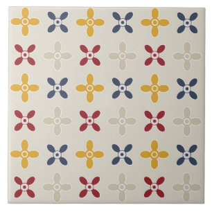 Ornamental pattern flowers, beige, navy blue ceramic tile