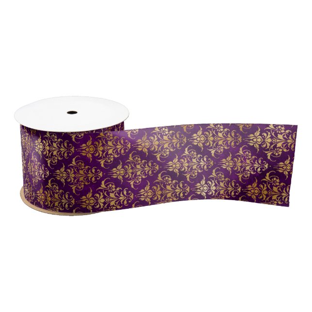Ornamental Purple & Gold Damask Pattern Satin Ribbon (Spool)