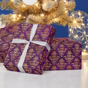 Ornamental Purple & Gold Damask Pattern Wrapping Paper