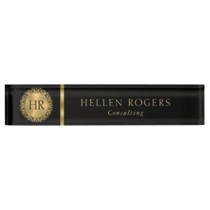 Ornamental royal gold circle Frame On Black Desk Name Plate