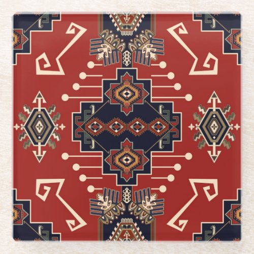 Ornamental Rug Design Vintage Geometric Glass Coaster