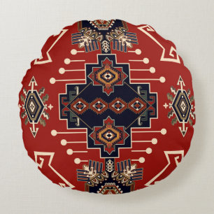 Ornamental Rug Design: Vintage Geometric. Round Pillow