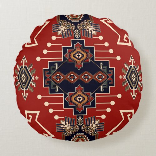 Ornamental Rug Design Vintage Geometric Round Pillow