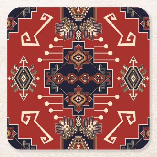 Ornamental Rug Design Vintage Geometric Square Paper Coaster