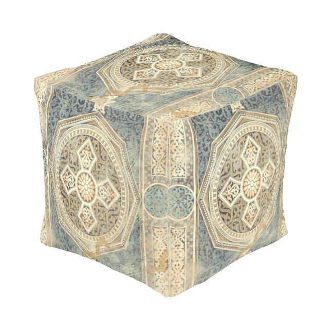 Ornamental Tapestry with Ornate Geometric Design Pouf (Angled Front)