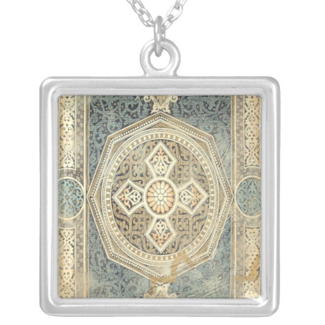 Ornamental Tapestry with Ornate Geometric Design Silver Plated Necklace (Front)