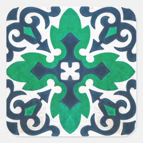 Ornamental Tile Damask Blue Green Swirl Square Sticker