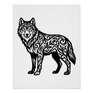 Ornamental Tribal Wolf with Decorative Swirls Poster