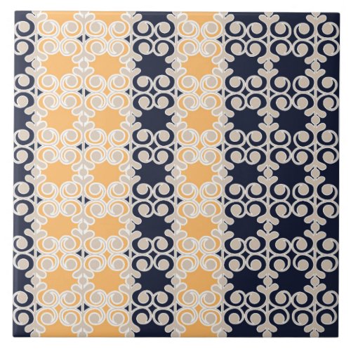 Ornamental vines lines pattern navy blue ochr ceramic tile