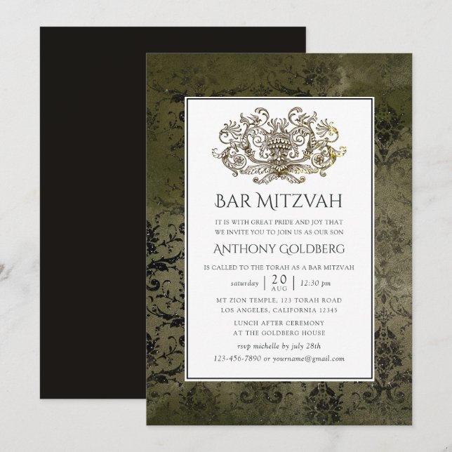 Ornamental Vintage Damask Bar Mitzvah Invitation (Front/Back)
