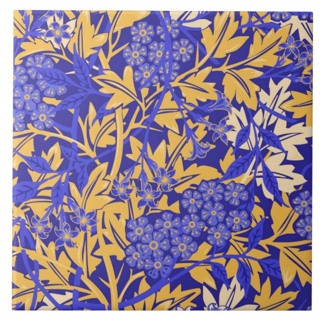 Ornamental vivid blue and golden yellow ceramic tile (Front)