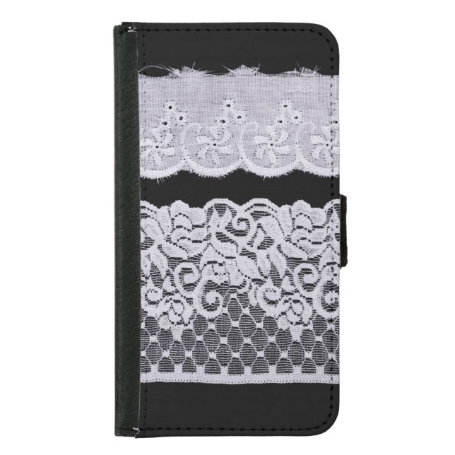 Ornamental white lace, isolated black background. samsung galaxy wallet case (Front)