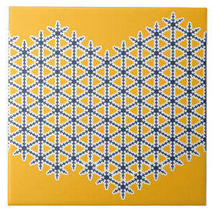 Ornamental, yellow, navy blue, white, pattern ceramic tile