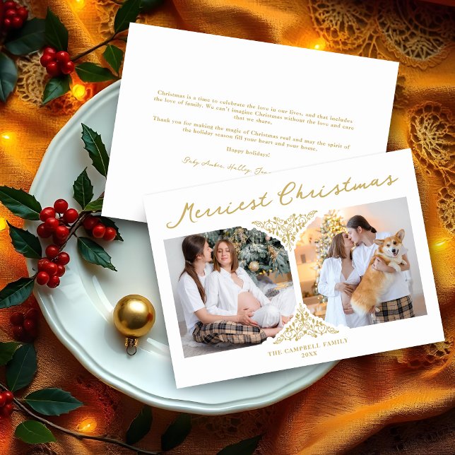 Ornamento clásico de filigrí de los Navidades de O Holiday Card (Fake Golden Christmas Classic Filigree Ornament 2 Photos Holidays Card with Envelope.)