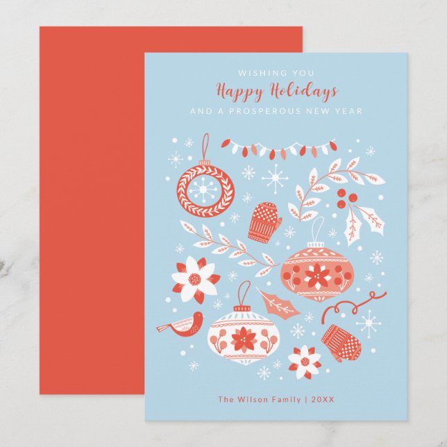 Ornaments and Snow Modern Christmas Happy Holidays Invitation (Front/Back)