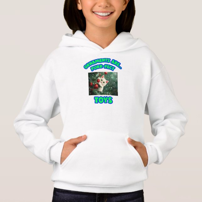 Ornaments Are Purr-fect Toys Kids’ Cat Christmas Hoodie (Front)