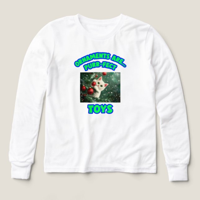 Ornaments Are Purr-fect Toys Kids’ Cat Christmas Tri-Blend Shirts (Design Front)