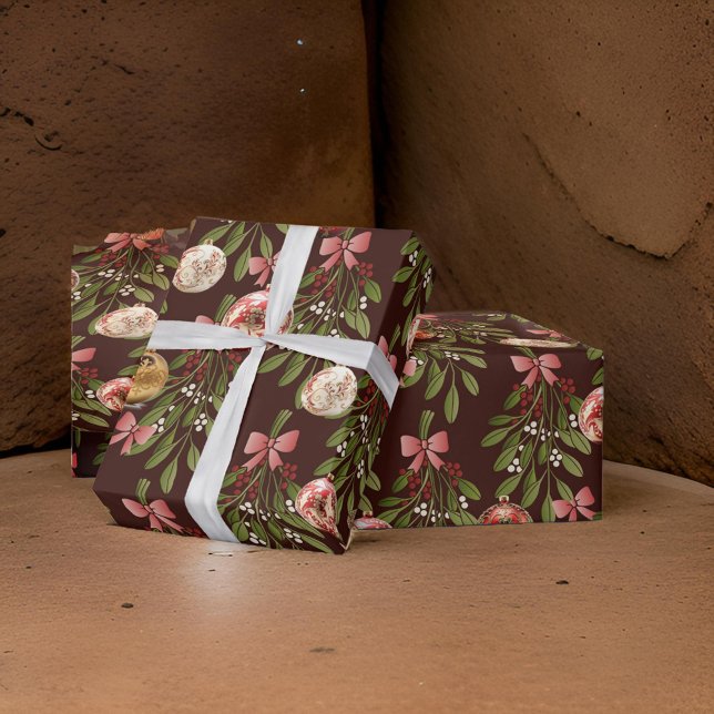 Ornaments Brown Red Bow Mistletoe Holly Wrapping Paper (Creator Uploaded)