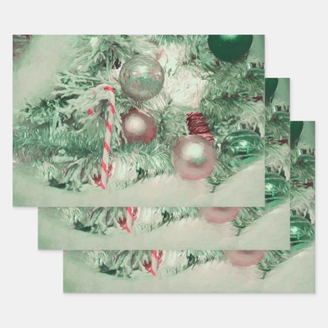 Ornaments Christmas Green Pink Holiday Tree Wrapping Paper Sheets (Set)