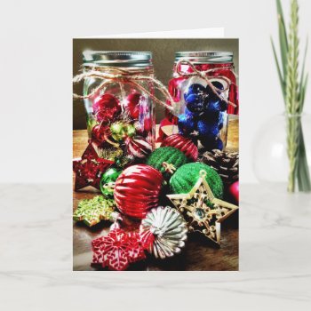 Ornaments In Mason Jars Rustic Christmas Cards by UniqueChristmasGifts at Zazzle