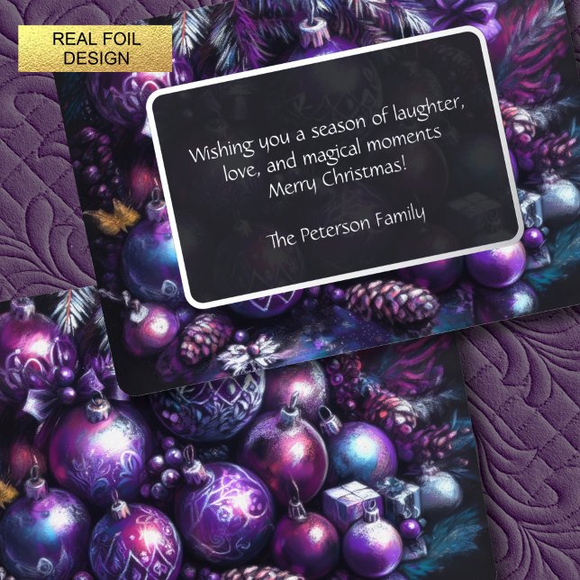 Ornaments in Shades of Purple Chalk Foil Holiday Card (Creator Uploaded)