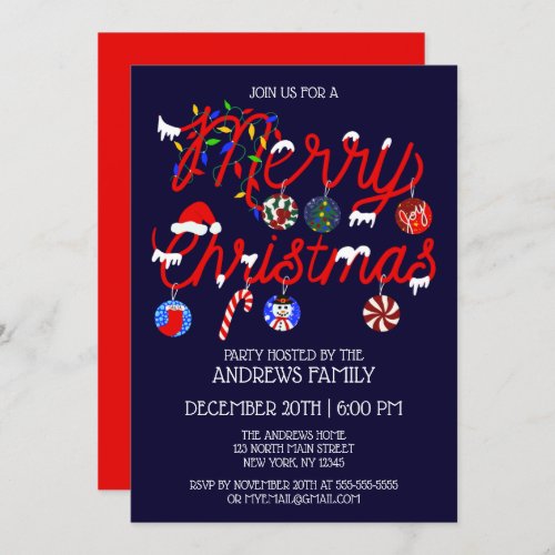 Ornaments Lights Snowy Merry Christmas Party Invitation