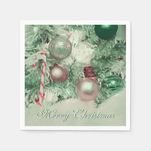 Ornaments Merry Christmas Green Pink Holiday Tree Napkins