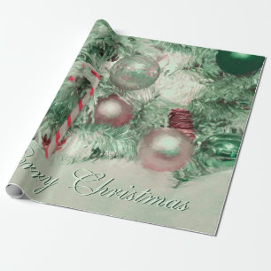 Ornaments Merry Christmas Green Pink Holiday Tree Wrapping Paper