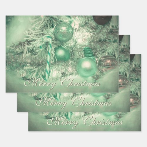 Ornaments Merry Christmas Green White Holiday Tree Wrapping Paper Sheets