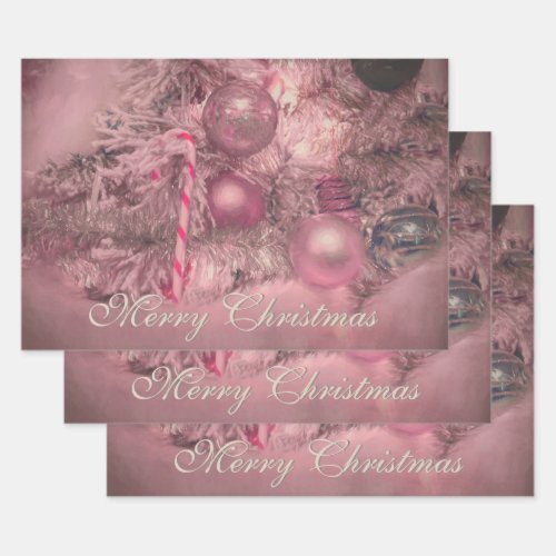 Ornaments Merry Christmas Pink Silver Holiday Tree Wrapping Paper Sheets