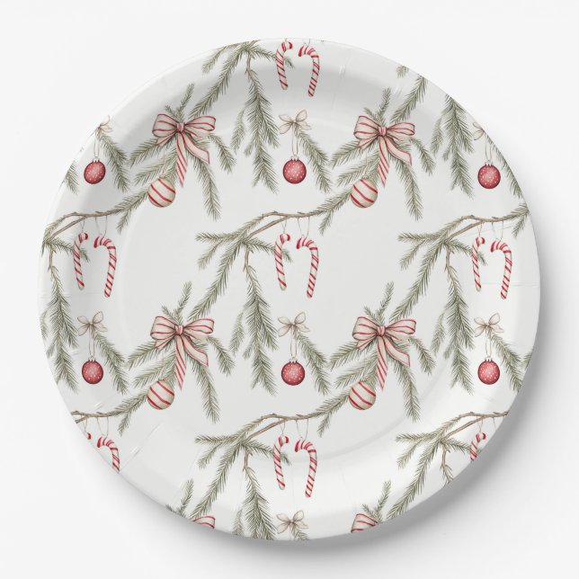 Ornaments Pine Candy Canes Festive Christmas Paper Plates (Front)