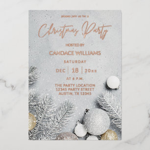Ornaments & Pine Leaves Christmas Party Foil Invitation