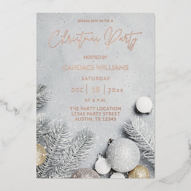 Ornaments & Pine Leaves Christmas Party Foil Invitation (Front)