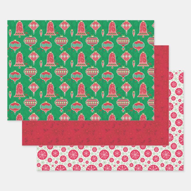 Ornaments Poinsettias Snowflake Dots Christmas Wrapping Paper Sheets (Set)