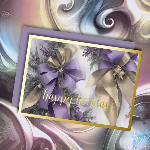 Ornaments Satin Ribbon Evergreen Lavender Gold Foil Holiday Card